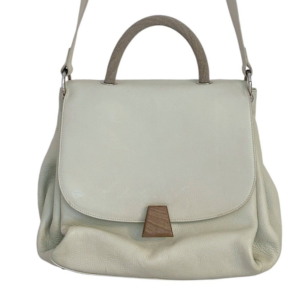 Akris Pebbled Leather Top Handle Shoulder Crossbody Bag Ivory Wood Clasp